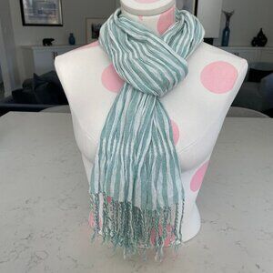 Lightweight Striped Scarf w Rustic Fringed Ends Soft Pastel Green + White OS